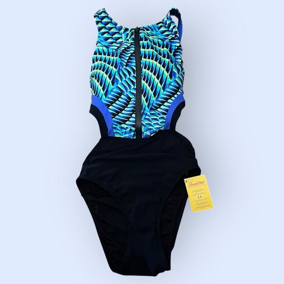 GOTTEX Profile Swimsuit Sz 10 NWT Black Blue Green Zip Formation 1 Pc Beach NEW - Picture 2 of 11